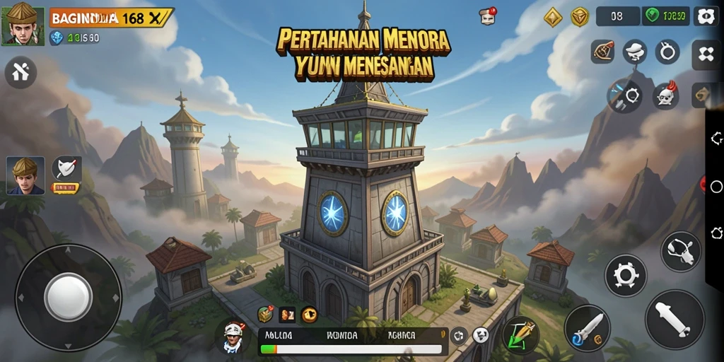 Screenshot gameplay BAGINDA168 menampilkan menara dan musuh yang beragam.