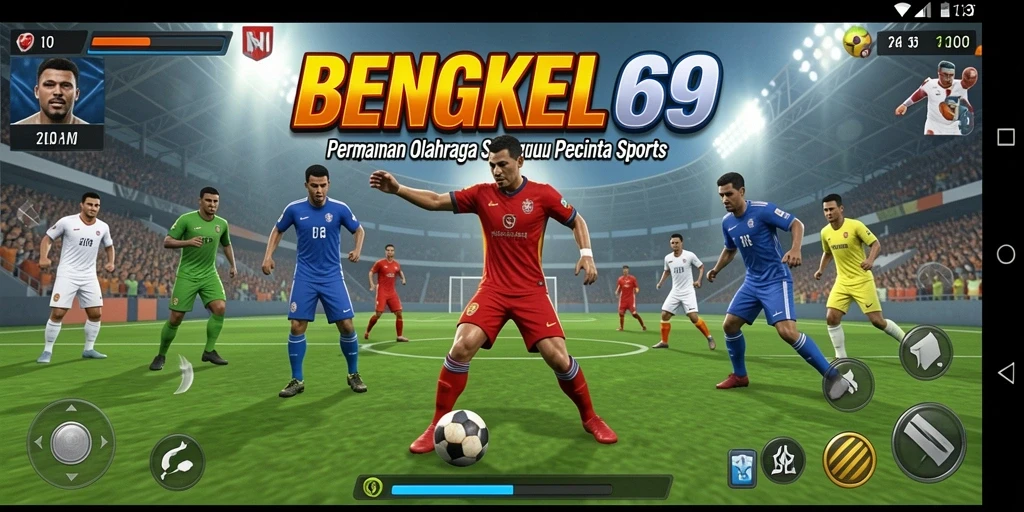 Tampilan screenshot utama BENGKEL69 dengan aksi permainan olahraga.